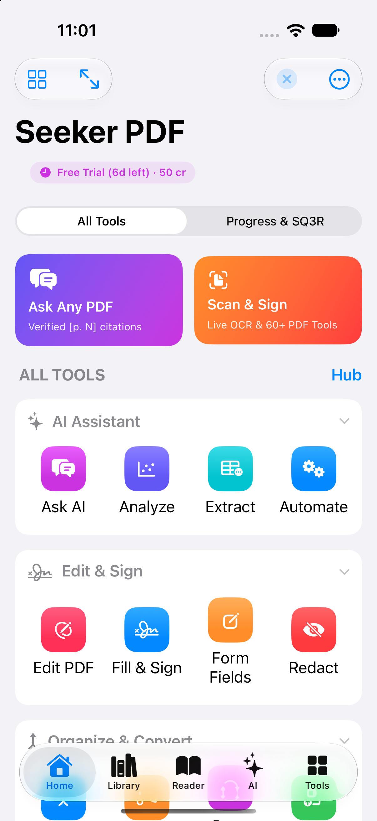 iOS 27 Home — All Tools | Progress Switcher, 50cr Trial Pill & Flagship Hero Cards