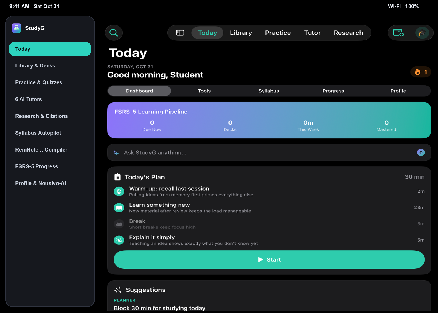 iPad Pro M5 Landscape — FSRS-5 Learning Pipeline, Today Plan & Sidebar