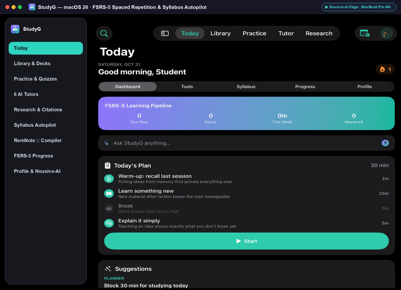 StudyG on macOS 26 — Desktop Learning & FSRS-5 Workspace