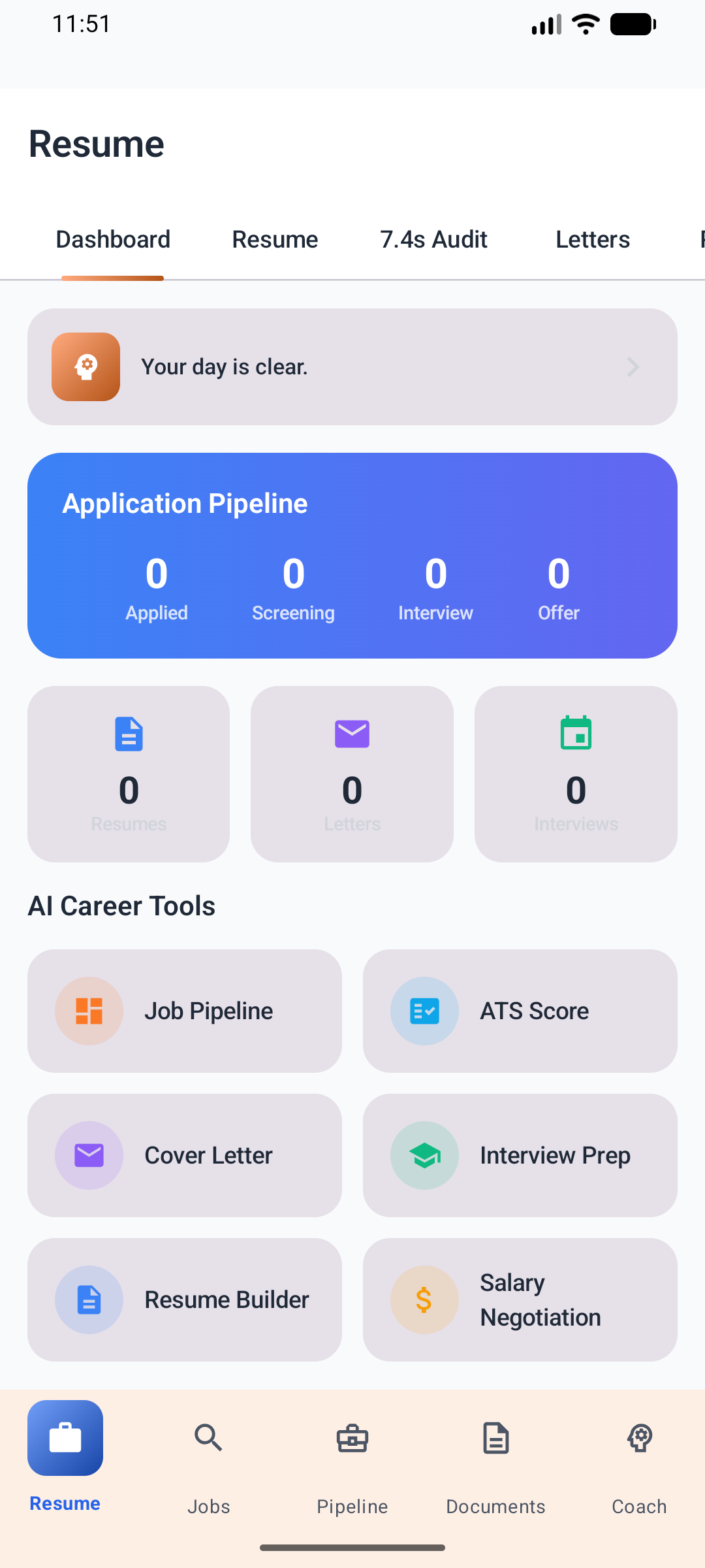 Signature Resume Hub — Application Pipeline, 7.4s Eye-Scan Audit, Letters, Progress & Profile Sub-Tabs
